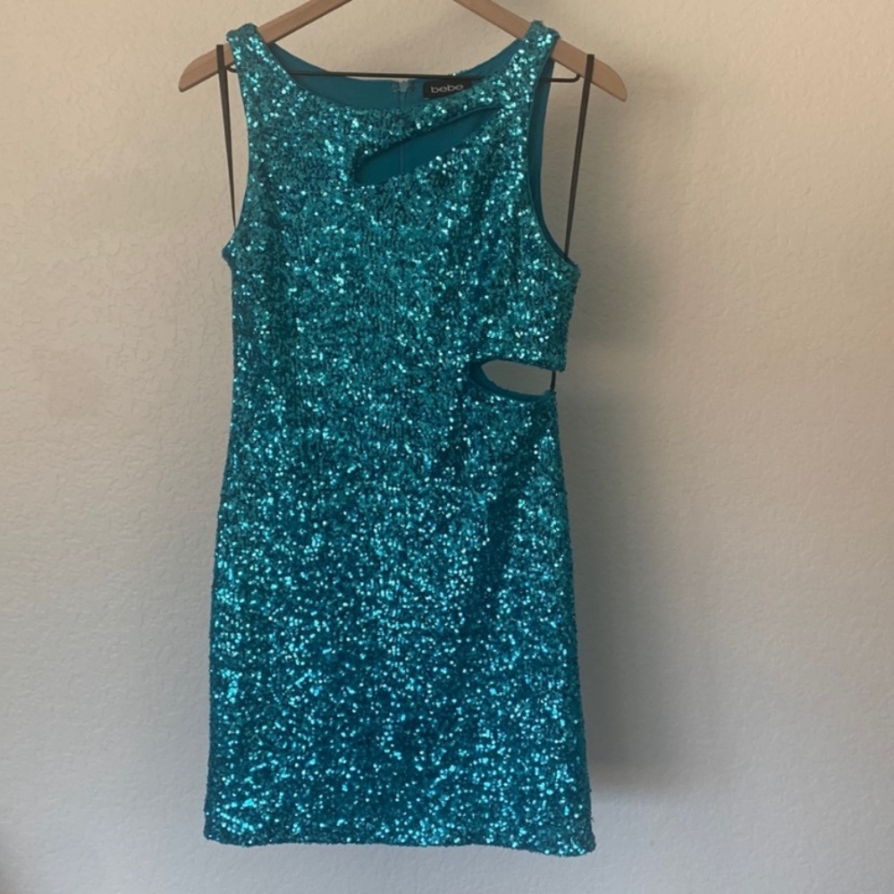 Bebe blue sequin cut out party dress